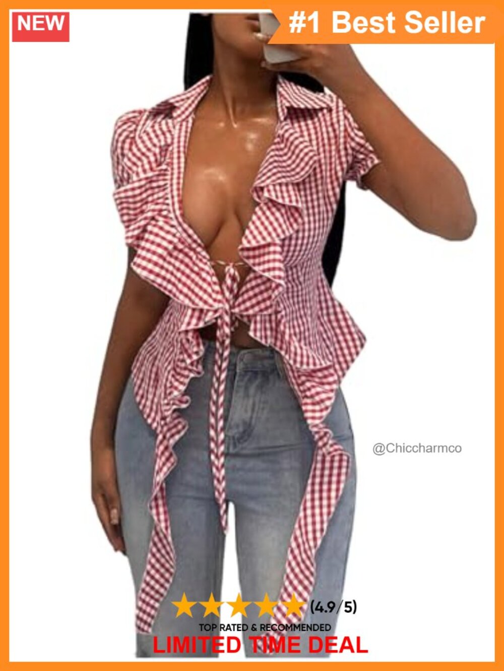 Gingham Plaid Ruffle Collared V Neck Short Sleeve Asymmetrical Blouse